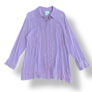 Soft Surroundings Floral Embroidered Button Up Womens Size L Purple‎ Boho